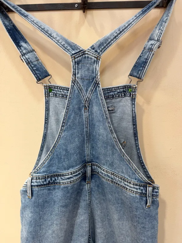 Aerie Baggy Cargo Denim Wide Leg Overalls Medium Wash Adjustable Straps - Image 5