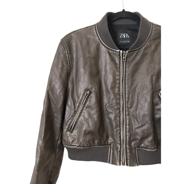 ZARA Faux Leather Cropped Bomber Jacket Brown Medium - Image 4