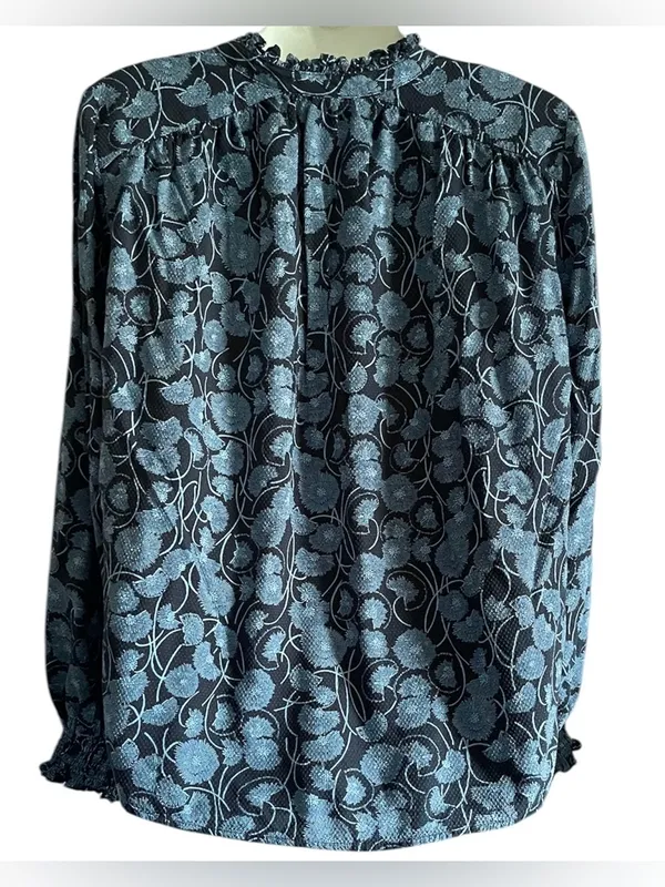 MAEVE by Anthropologie Blue Floral Ruffle-Neck Blouse - Image 4