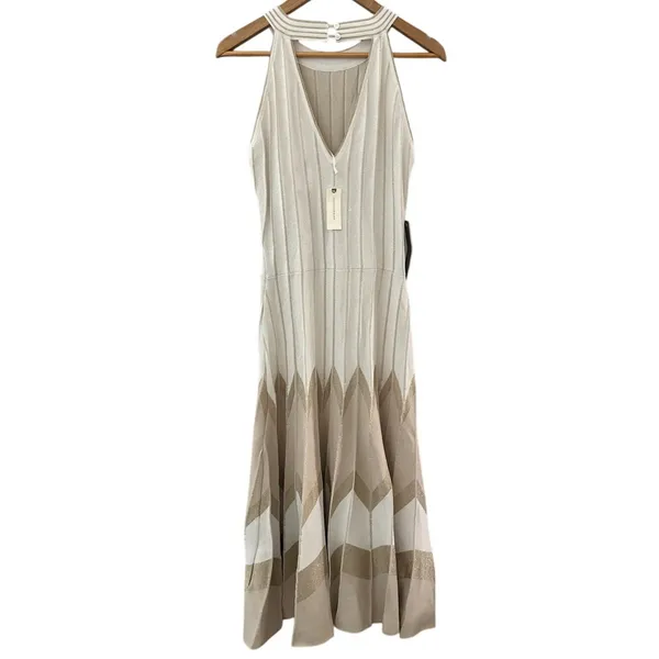 Anthropologie Pleated Drop-Waist Knit Midi Dress Ivory Size Large - Image 8