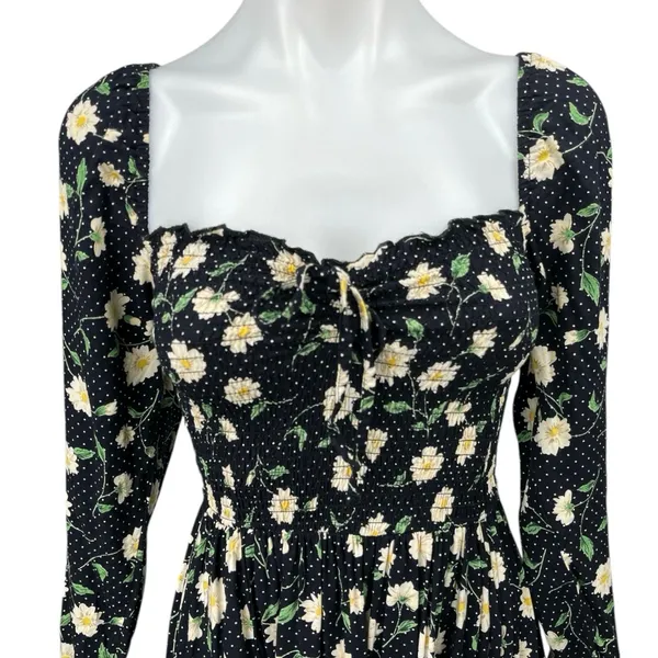 Asos Collusion Black Floral Dotted Long Sleeve Sweetheart Smocked Mini Dress 0 - Image 3