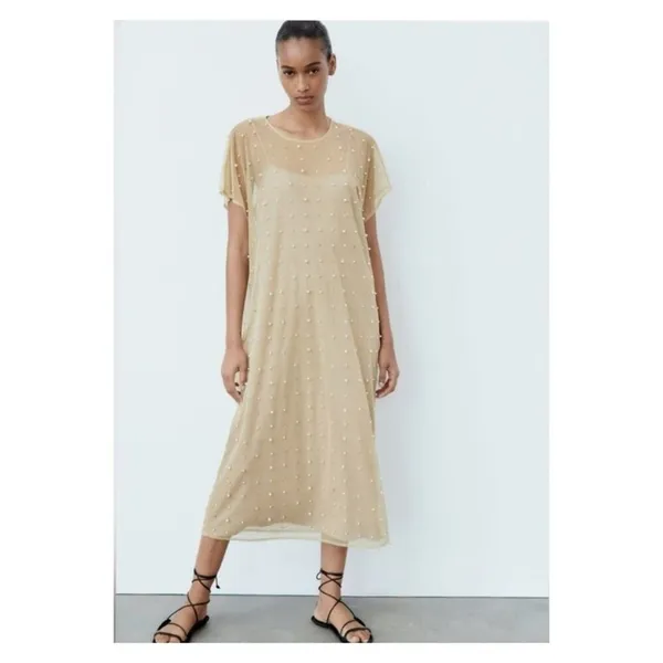 NWT ZARA Sheer Mesh Pearl Embellished Midi Dress Women's Size XS/S Tan‎ - Image 8