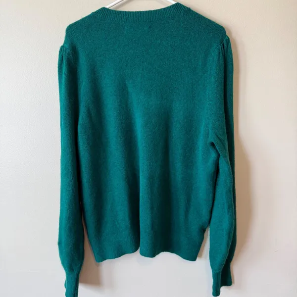 LOFT Sweater XL Green Rhinestone Button Puff Sleeve V-Neck Pullover Holiday - Image 8