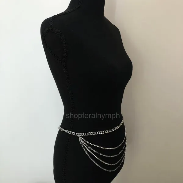 Y2K Glam Silver Rhinestone Draped Chain Belt, Fits 18–42 Inches, X7GA1196 - Image 4