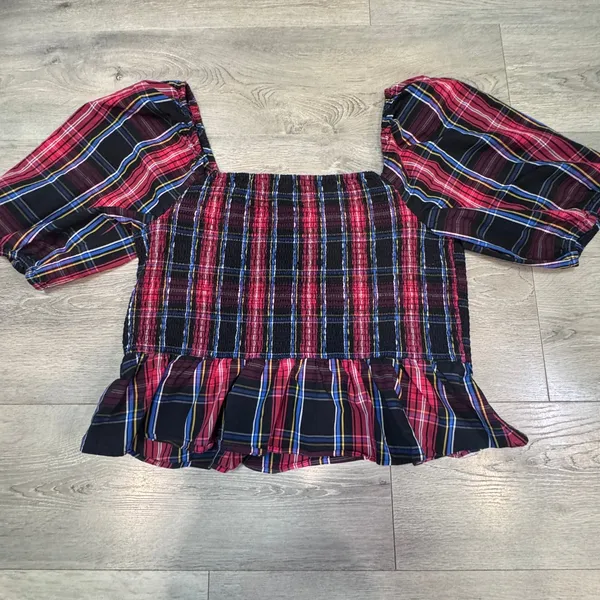 Draper James RSVP‎ Womens XXL Red Plaid Smocked Peplum Puff Sleeve Top - Image 2
