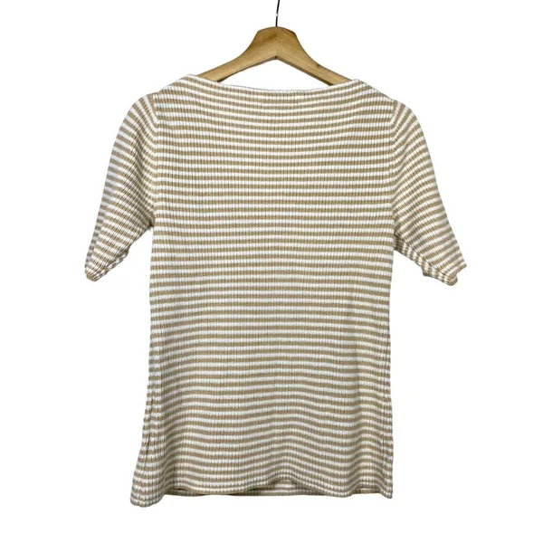 Lauren Ralph‎ Lauren Short Sleeve Rib Knit Top L Yellow White Stripe Preppy - Image 2