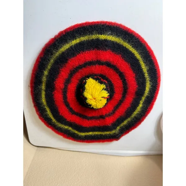 MZ Wallace Wool‎ Beret Hat Striped Red Black Yellow Pom Pom Made in Scotland - Image 8