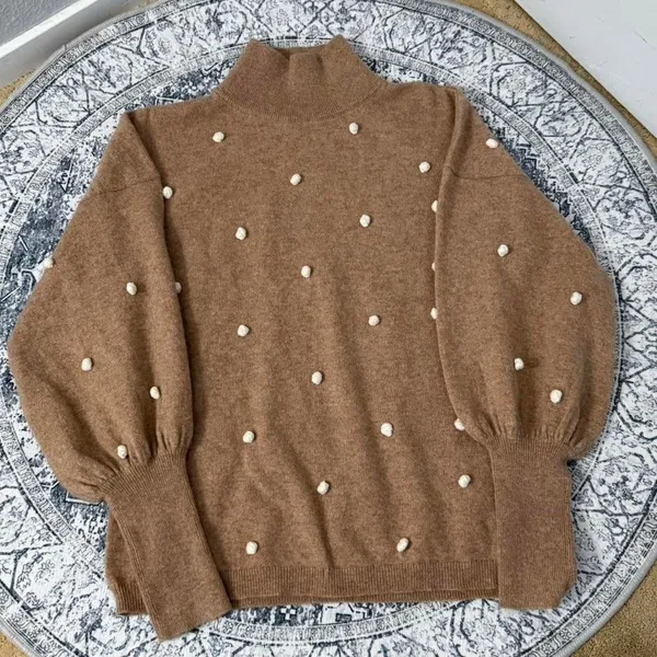 Cashmere Charter Club Luxury Camel Tan Yarn with White Balls - Size M - Image 3
