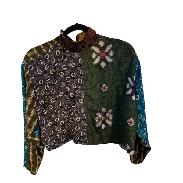 Yvonne Agaro Collections Multicolor Patchwork Cropped button down shirt Jacket Green Size L - Image 10