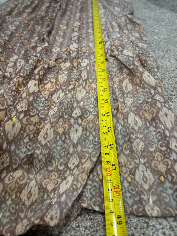 Moon River Puff Sleeve Tiered Maxi Dress S Boho Bohemian Neutral Paisley Gold - Image 10