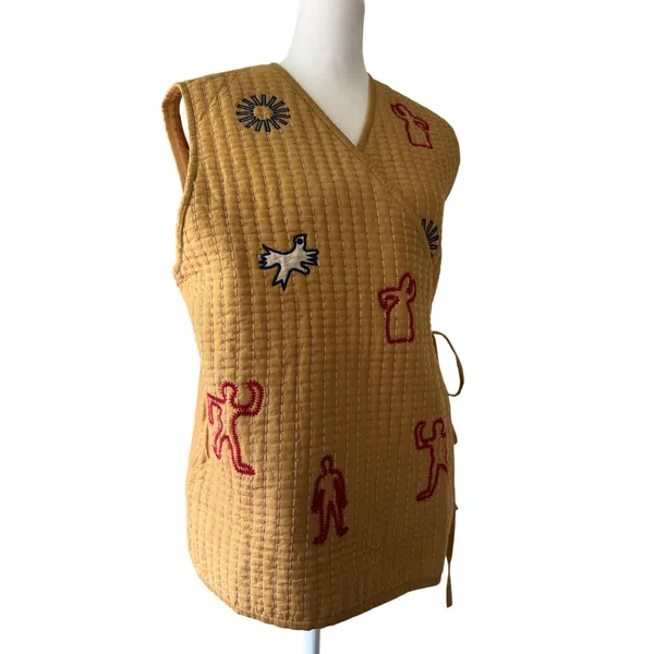 Zara Retro Bohemian Cottagecore Tan Quilted Adjustable V-Neck Wrap Vest - Image 3