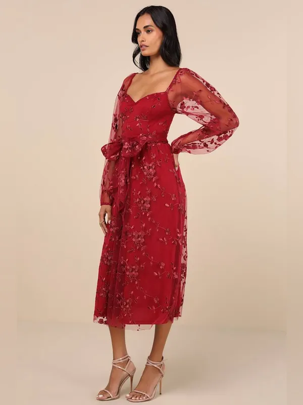 Lulu's Darling Charisma Wine Red Mesh Embroidered Midi Dress - Image 4