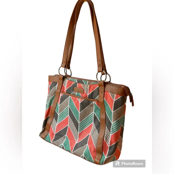 Kailo Chic Coral & Turquoise Chevron Fabric Laptop Organizer Bag Travel Tote - Image 2