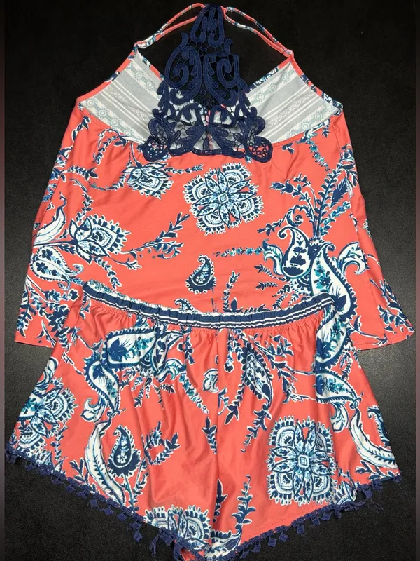 In Bloom by Jonquil Women's Size S Orange Blue Floral Knit Pajama Shorts Set - Image 3