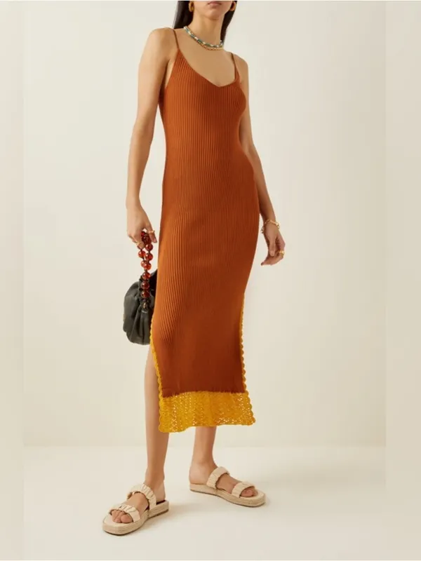 STAUD Pleasanton Crochet Trimmed Ribbed-Knit Cotton Midi Dress XL - Image 7