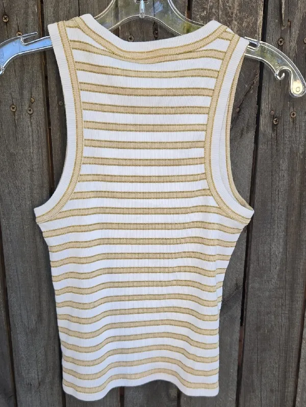 Veronica Beard Cream & Tan Striped Ribbed Sleeveless Tank - Image 3