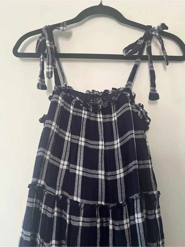Trixxi Navy Blue White Plaid Tie Strap Mini Dress Small Beachy Coastal Cottagecore - Image 2