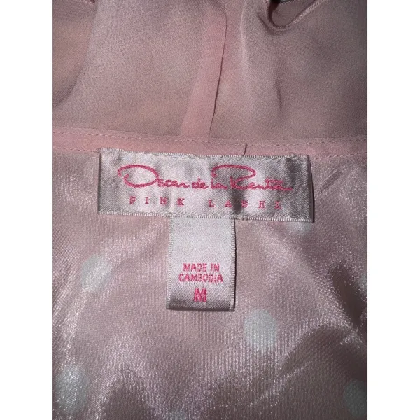 Oscar de la Renta Pink Label Polka Dot Satin‎ Ruffle V-Neck Y2K Top Pink Medium - Image 4