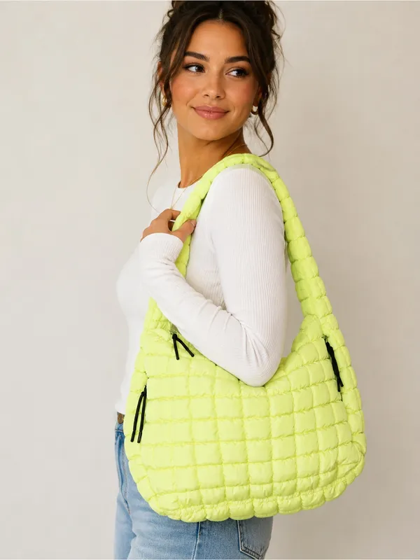 Katydid Oversized Quilted Hobo Tote Bag Lime Green Puffer NWOT - Image 2