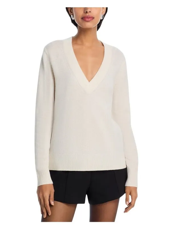 Aqua Womens 100% Cashmere V Neck Sweater V11599 Ivory Off White S - Image 7