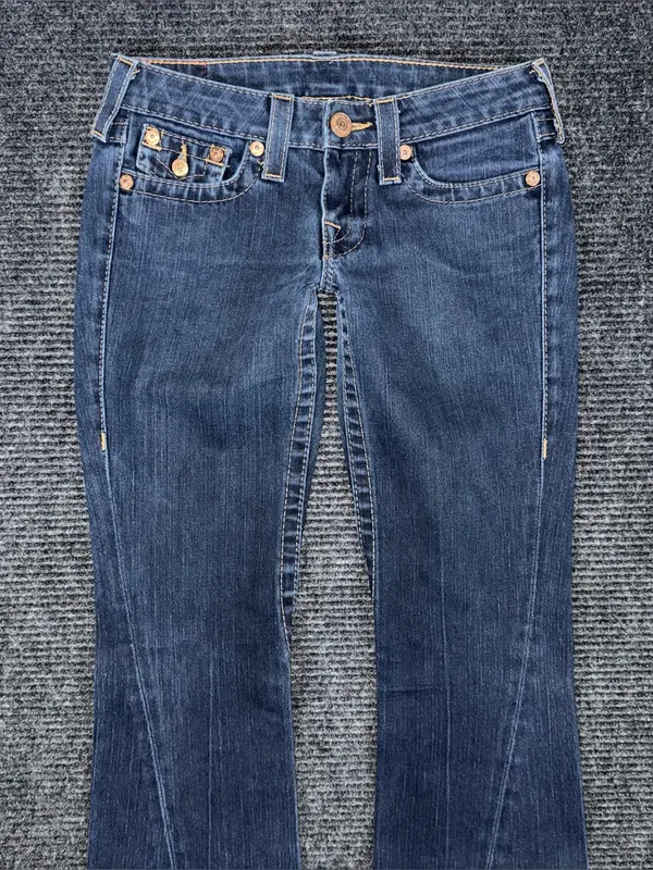 RARE Vintage True Religion Low Rise Twisted Flare Jeans Sz 26 x 33 Dark Wash Y2K - Image 4