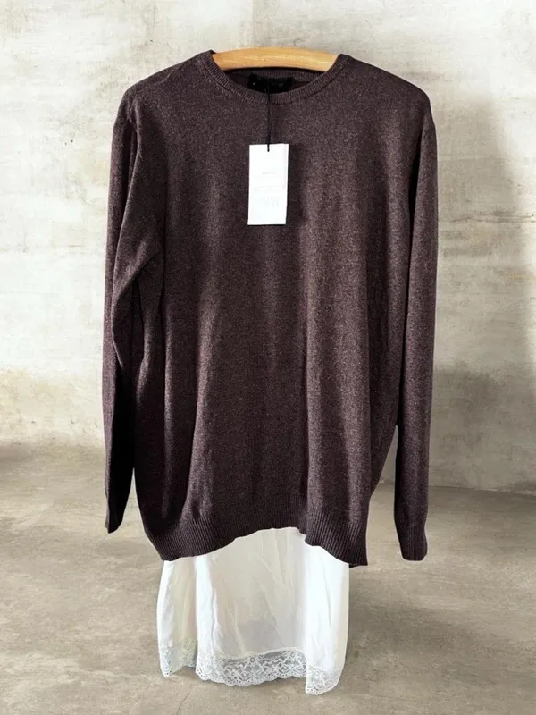 Zara Lace Trimmed Cashmere Wool Blend Sweater Women’s Top Sz M Dark Mink Paris - Image 4