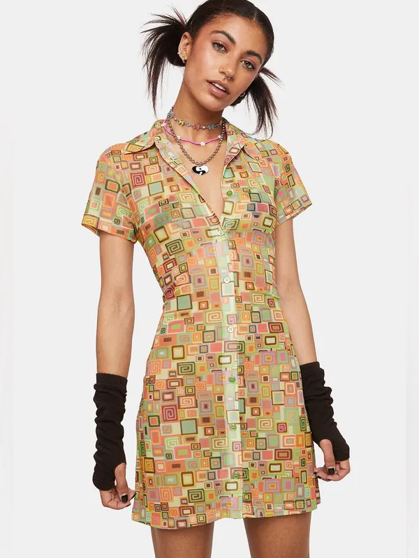 NWT Raggesd Priest Colorful Retro Square Button Down Mesh Shirt Mini Dress 12 - Image 2
