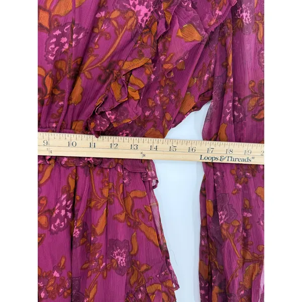 Cleobella Everly Floral Ruffle Mini Dress Medium Magenta Boho Long Sleeves - Image 12