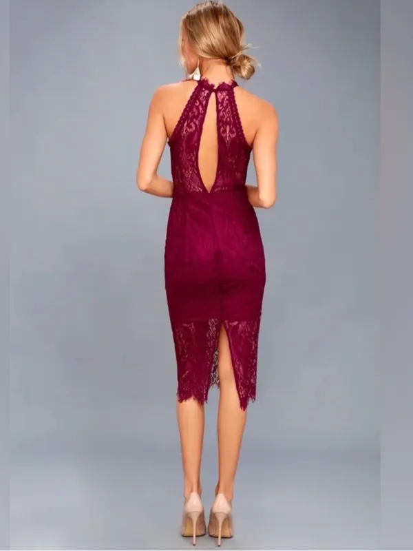 Lulu's Magenta Lace Halter Midi Dress - Image 3