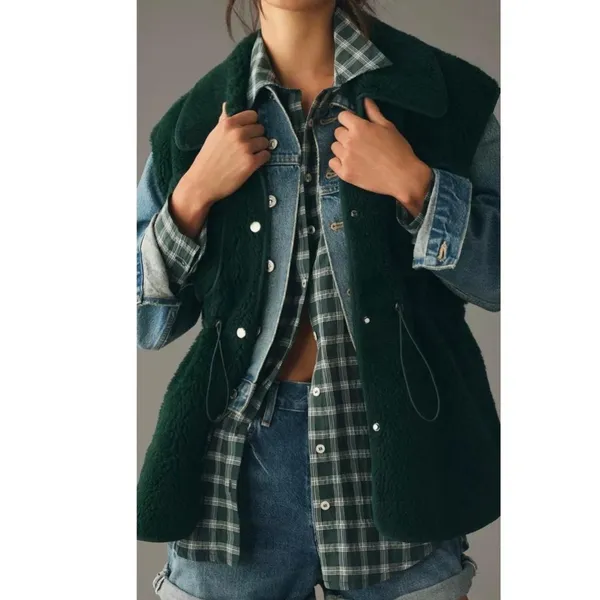 Anthropologie $128 Hunter Green Warm Cozy Cinched Faux Shearling‎ Vest Fall - Image 2