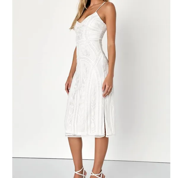 NEW Lulus Alluring Interest White Sequin Embroidered Sleeveless Midi Dress - Image 4