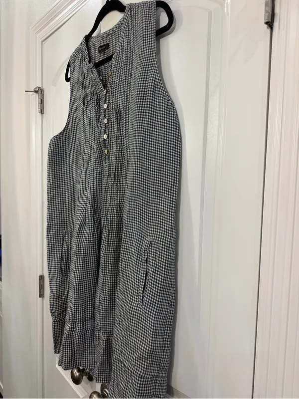 100% European Linen Sleeveless Mini Gingham Shift Swing Dress - Image 5
