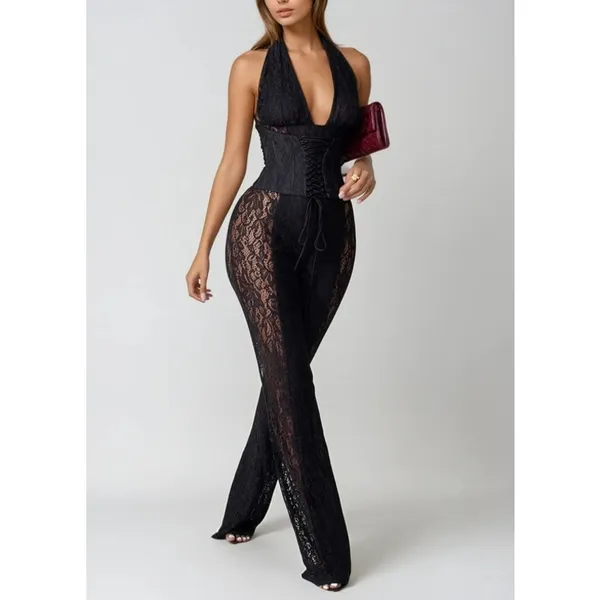 Innovare Denim Lace Jumpsuit Plunge Cutout Bethan Size L Black - Image 7