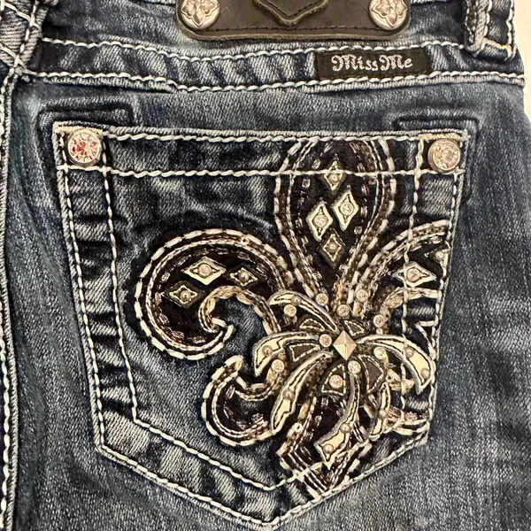 Miss Me Signature Rise Skinny Jeans Golden Firework Fleur de Lis Bling Size 26 - Image 5