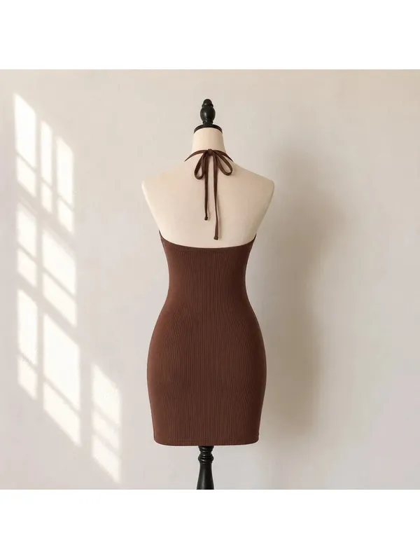 SHEIN Brown Ribbed Halter Cut Out Bodycon Mini Dress Size Small - Image 2