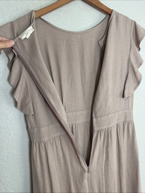 Cynthia Rowley Dusty Mauve Flutter Sleeve Maxi Dress Linen Prairie Demure Medium - Image 7