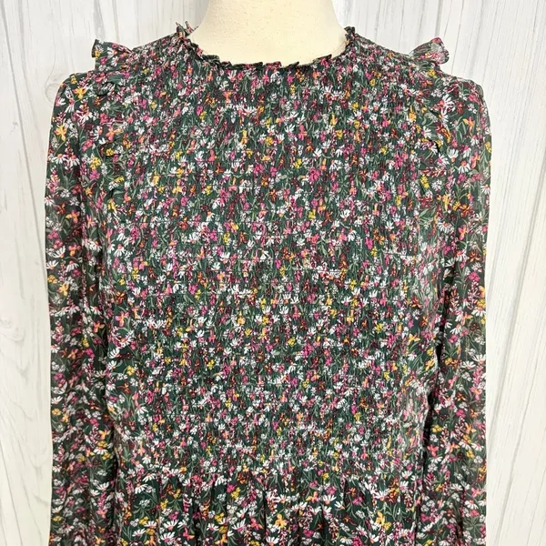 DRAPER JAMES RSVP Dark Green Chiffon‎ Floral Smocked Long-Sleeve Midi Dress, XXL - Image 3