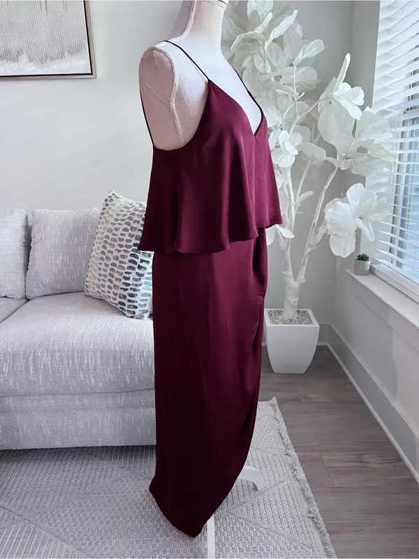 Shona Joy Woman’s Draped Luxe Cocktail Frill Spaghetti Strap Dress in Burgundy 6 - Image 5