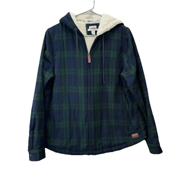 LL Bean Scotch Plaid Flannel Shirt Sherpa Lined Zip Hoodie Jacket Blue Green S - Image 5