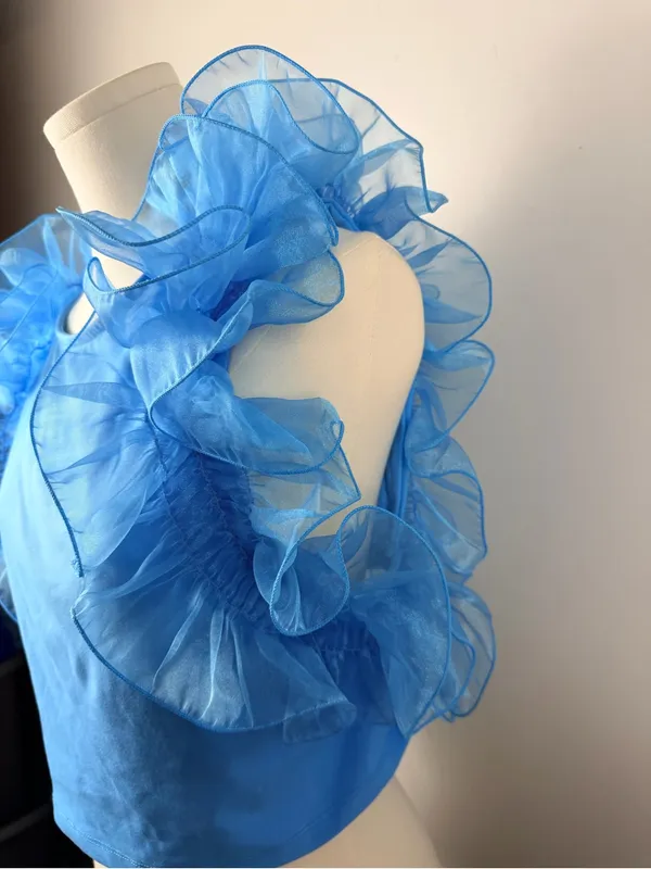 Free people house party organza puff top blue size large - Image 3