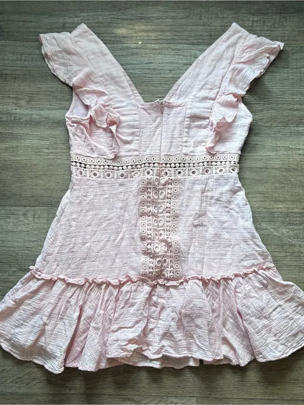 Pale Pink Eyelet Ruffle Coquette Mini Dress Femenine Cottagecore Gatherings Sz L - Image 7
