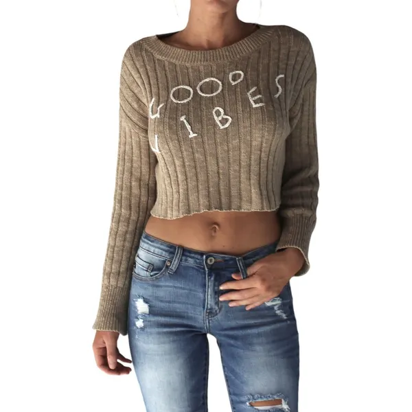 “Good Vibes” Rib Knit Crop Long Sleeve Sweater Tan Size Medium‎ - Image 11