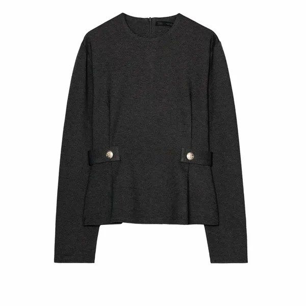 Zara NWT charcoal monk long sleeve gold button detail twill peplum top - Image 2