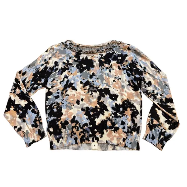 Anthropologie HWR‎ Monogram Beaded Collar Crop Cardigan Sweater Abstract Pattern - Image 2