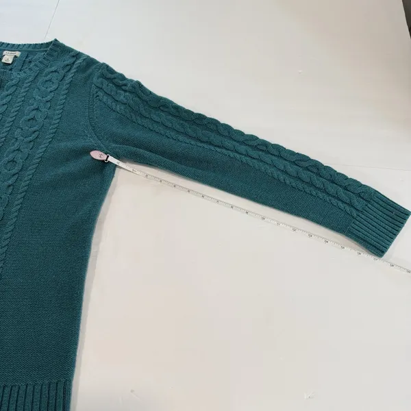 LL Bean Teal Double L Mixed Cable Cotton Crew Neck Pullover Sweater Size LARGE - Image 8