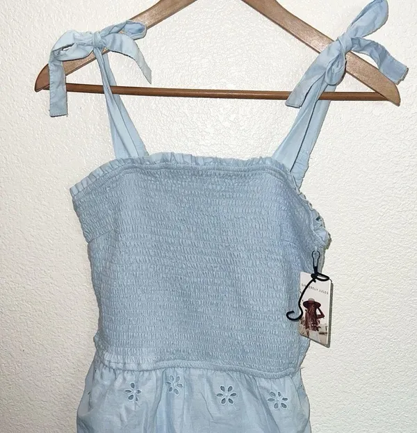 Sincerely Jules Light Blue Smocked Tiered Floral Tank Top Tie Strap Mini Dress - Image 2