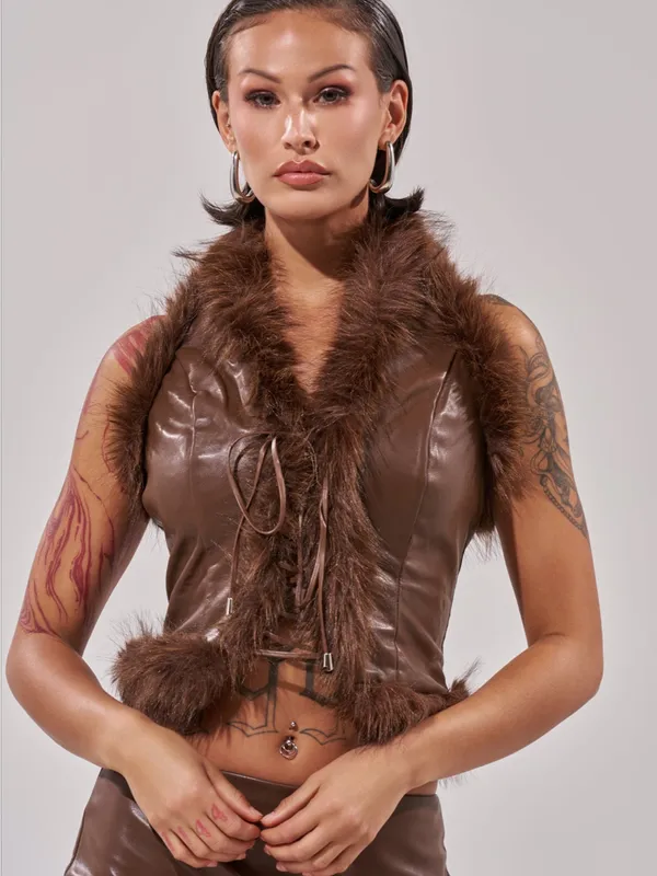 Faux Leather Brown Fur-Trim Vest - Image 4