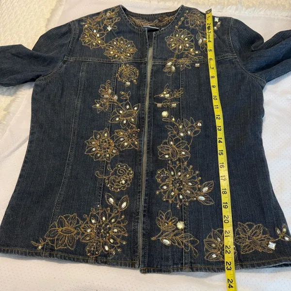 Chico’s Embroidered Sequin Open Front Jean Jacket Size 1 Chico (Med 8) Floral - Image 9