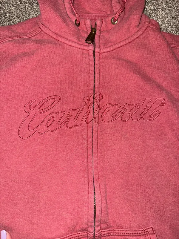 Carhartt Pink Full Zip Hoodie Sweatshirt with Embroidered Logo, Size L (12-14) - Image 2