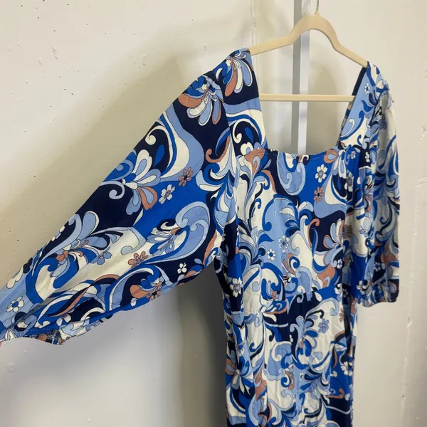 NWT F&F Blue Swirl Paisley Square Neck Smocked Mini Dress Women's‎ US 18 Floral - Image 4